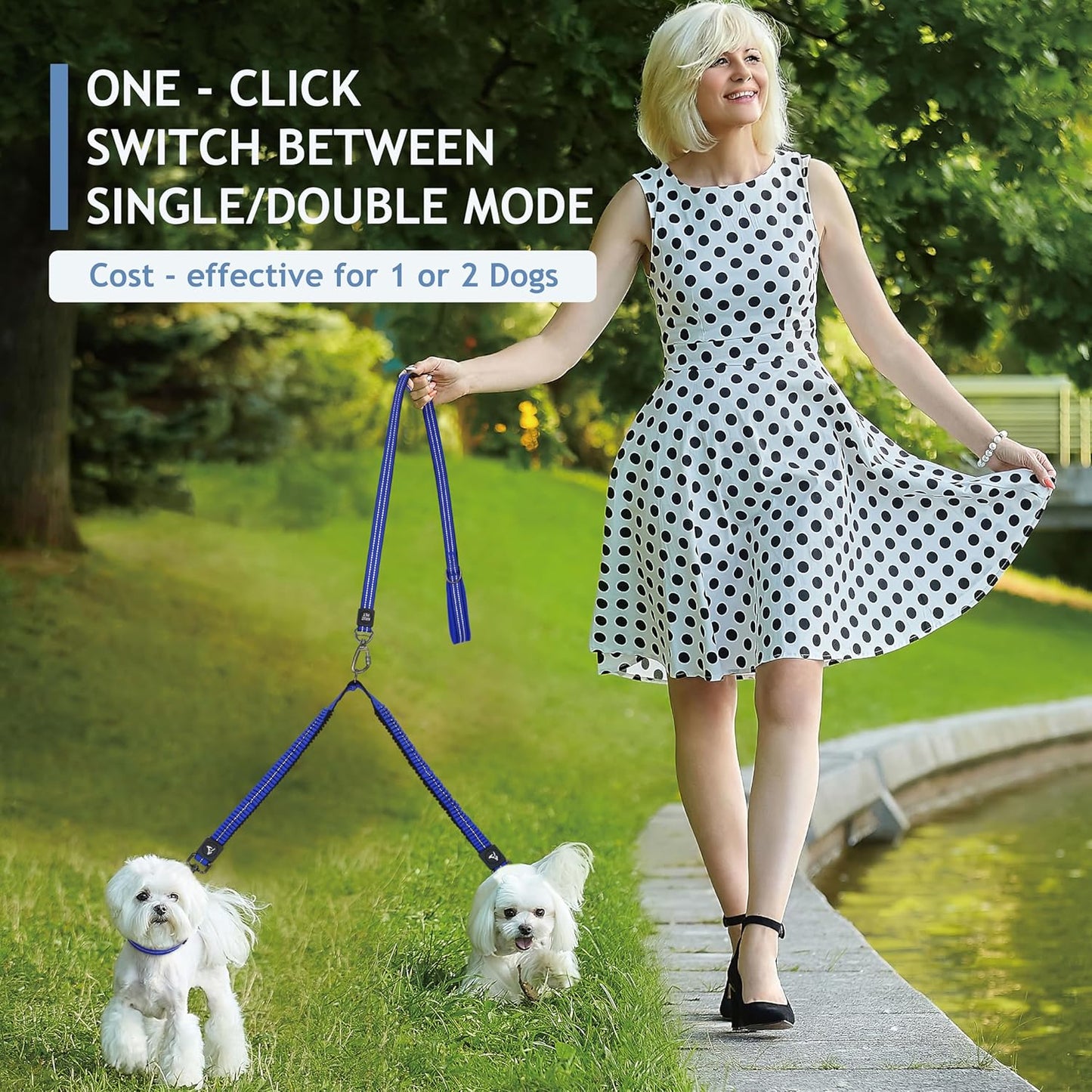 Kruz Double Dog Leash for Two Dogs (Width - 5/8”, Length 14”-27”) Dual Leash Coupler with Tangle-Free Swivel, Shock-Absorbing Reflective Bungee for Comfortable Walking & Training (Blue, Small)