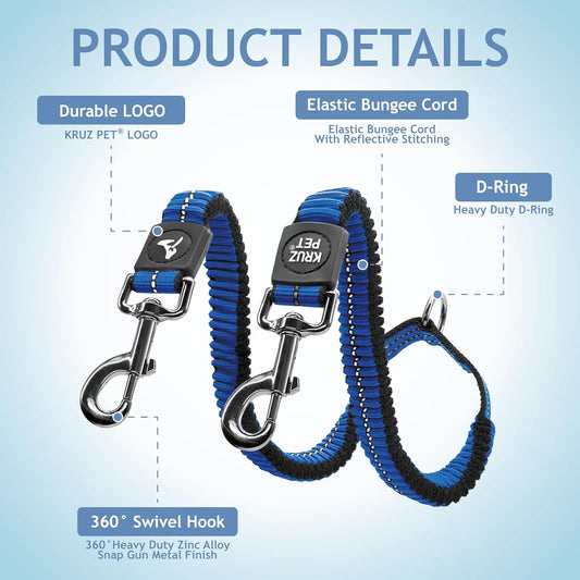 Kruz Double Dog Leash for Two Dogs (Width - 5/8β, Length 14β-27β) Dual Leash Coupler with Tangle-Free Swivel, Shock-Absorbing Reflective Bungee for Comfortable Walking & Training (Blue, Small)
