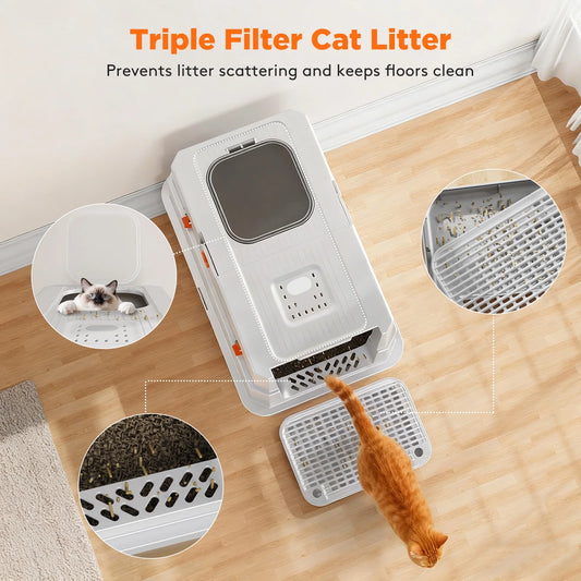 Stainless Steel Litter Box with Lid, Extra Large Enclosed Cat Litter Boxes for Big Cats Multiple, Metal Cat Litter Box with Mat, Silver Gray