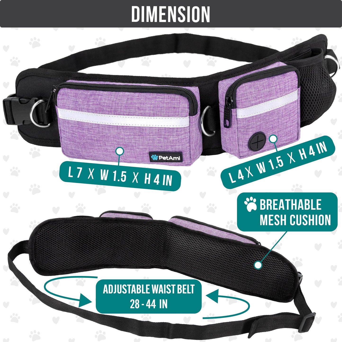 Hands Free Dog Leash, Dog Running Leash Belt Bag for Walking, Jogging, Dog Waist Double Zipper Pouch with Poop Bag Dispenser, Dual Padded Handles Reflective Bungee Leash, Single (Purple)