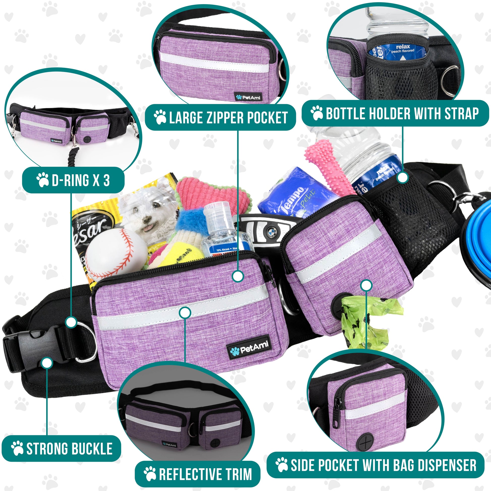Hands Free Dog Leash, Dog Running Leash Belt Bag for Walking, Jogging, Dog Waist Double Zipper Pouch with Poop Bag Dispenser, Dual Padded Handles Reflective Bungee Leash, Single (Purple)