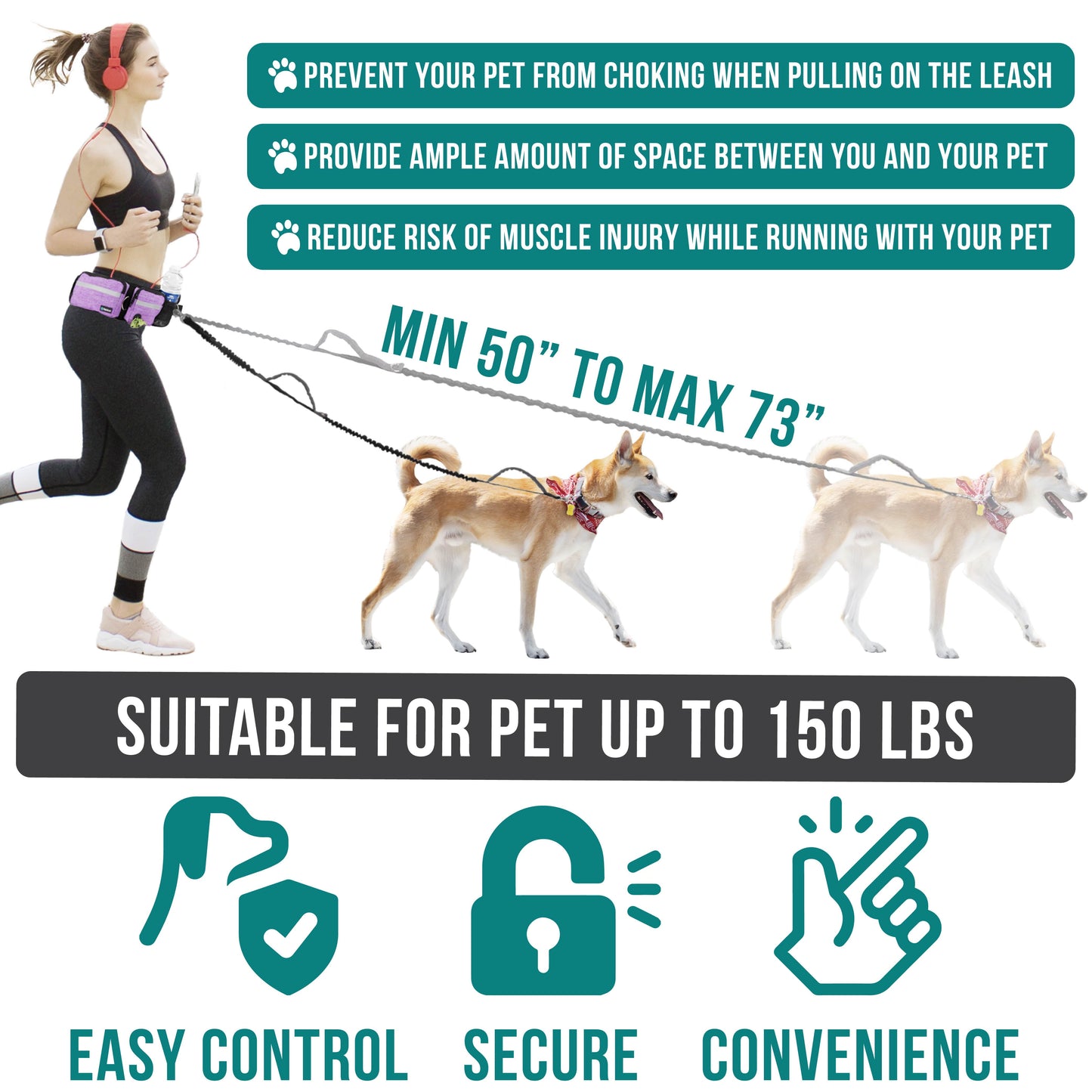 Hands Free Dog Leash, Dog Running Leash Belt Bag for Walking, Jogging, Dog Waist Double Zipper Pouch with Poop Bag Dispenser, Dual Padded Handles Reflective Bungee Leash, Single (Purple)