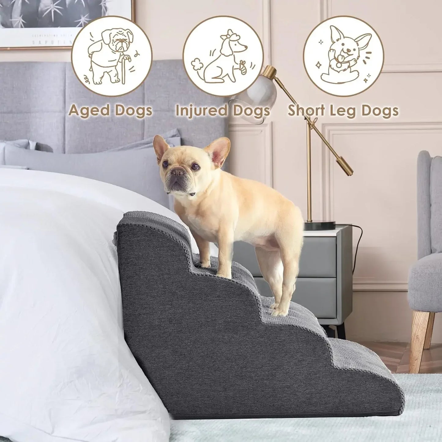 Foam pet stairs with a removable fleece cover beside a bed