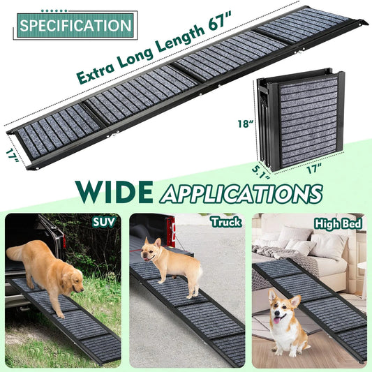 Furggis 67" Foldable Dog Ramps for Large Dogs, Dog Car Ramp with Non-Slip Rug Surface, Pet Ramp Stairs Portable,Dog Steps for Medium & Large Dogs up to 220 LBS Get into a Car, SUV & Truck