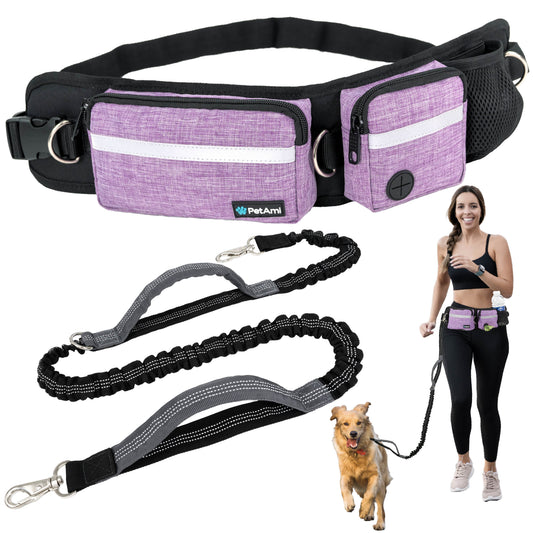 Hands Free Dog Leash, Dog Running Leash Belt Bag for Walking, Jogging, Dog Waist Double Zipper Pouch with Poop Bag Dispenser, Dual Padded Handles Reflective Bungee Leash, Single (Purple)