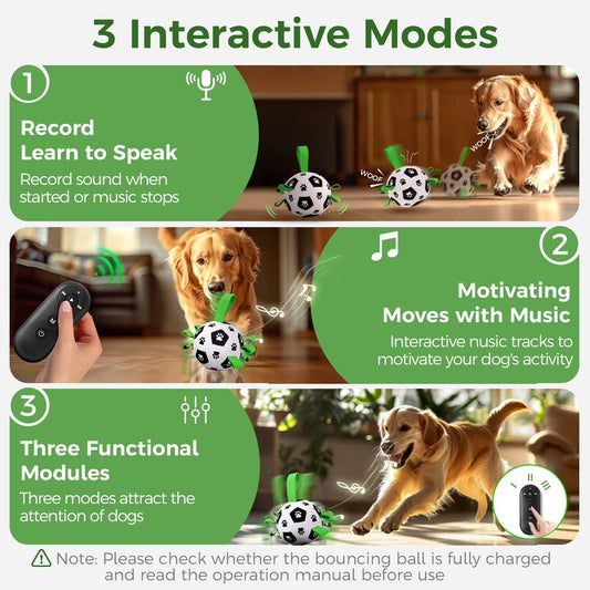 Smart Interactive Rechargeable Soccer Ball Dog Toy with Straps Remote Control & Music Mode for Small to Medium Dogs